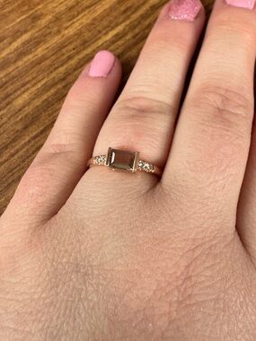 LeVian 14k Strawberry Gold Emerald cut Smoky Quartz Ring with White Diamond Ave